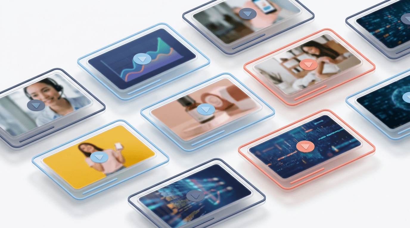 Grid of AI-generated video ad thumbnails
